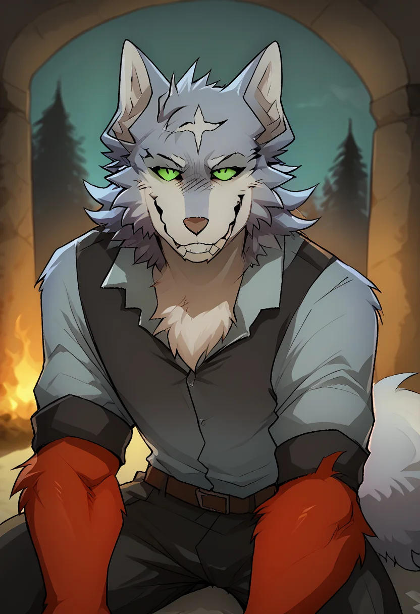 by maggotnizer, fel_ciawwmas, furry, solo, wolf, thighs, looking at viewer, seductive, teeth, smile, green eyes, <lora:Fel_Cooking_In_Another_World_With_My_Absurd_Skill:1>, <lora:Maggotnizer_style:1>, <lora:add-detail-xl:1>