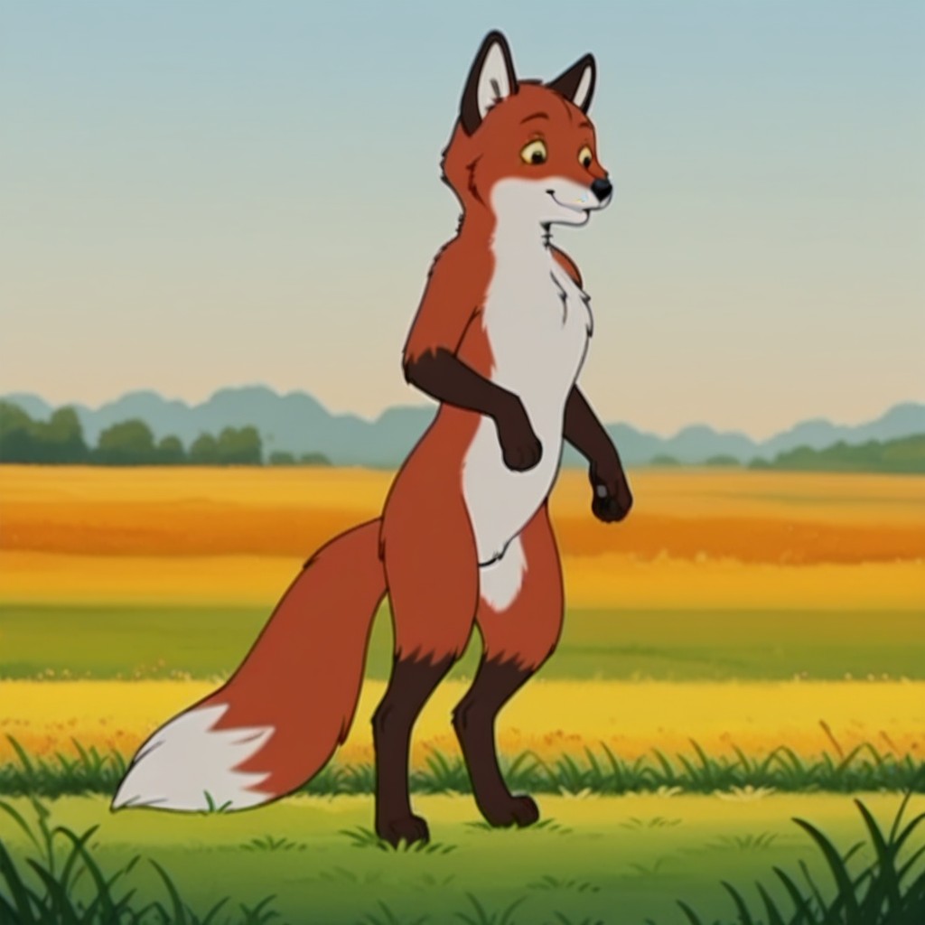 masterpiece, best quality, amazing quality, foxfrnklnil, semi-anthro, male, fox, red-orange fur, yellow sclera, black eyes,  outside, standing, in a field, <lora:7089f246-60d7-4f3f-a016-093b6447e60d:1.0>