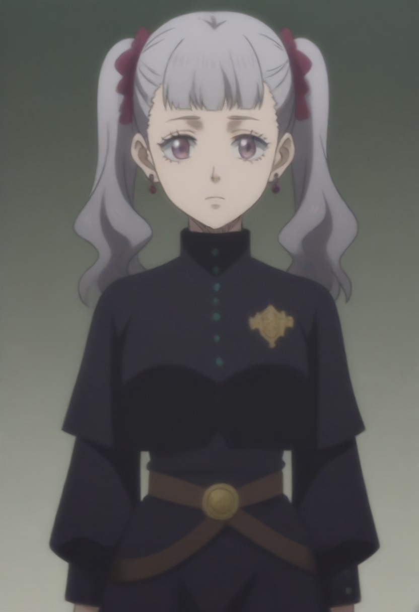 source_anime, anime screencap, source_anime, auratheguillotine, anime screencap, masterpiece, source_anime, shiny skin,,,,,,<lora:noellesilva-pdxl-nvwls-v1-000005:1> noelle silva, grey hair, purple eyes, twintails, hair ribbon, black capelet, green strap, white and purple dress, long sleeves, belt,