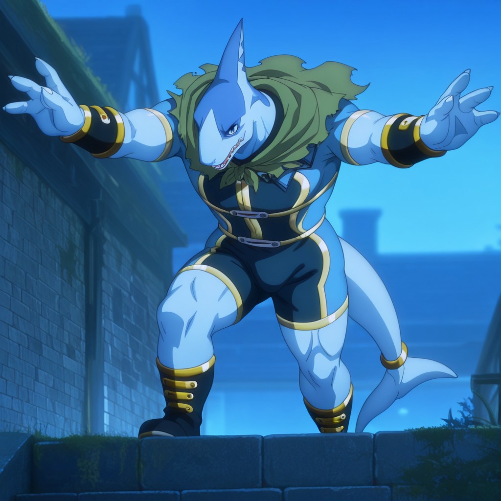 masterpiece, best quality, amazing quality, Arabaslfil, anthro, male, shark, blue skin, blue eyes,  gold trimmed blue bodysuit, gold armbands, gold trimmed dark blue bracers, gold trimmed dark blue boots, green capelet, gold tail ring, solo, outside,  1boy, solo, outstretched arms, webbed fingers