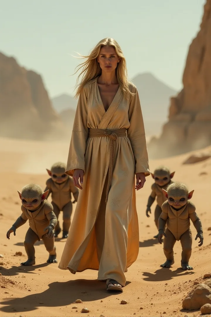 beautiful blonde mother in her 40s wearing a long flowing robe, she shepards a dozen baby monsters through a dystopian desert landscapeâââ
