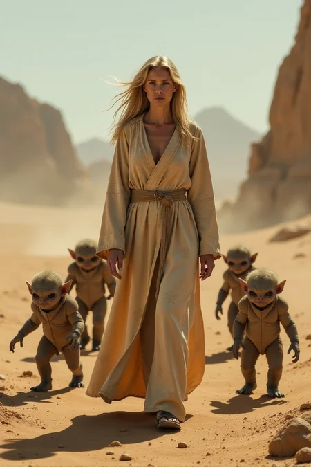 beautiful blonde mother in her 40s wearing a long flowing robe, she shepards a dozen baby monsters through a dystopian desert landscapeâââ