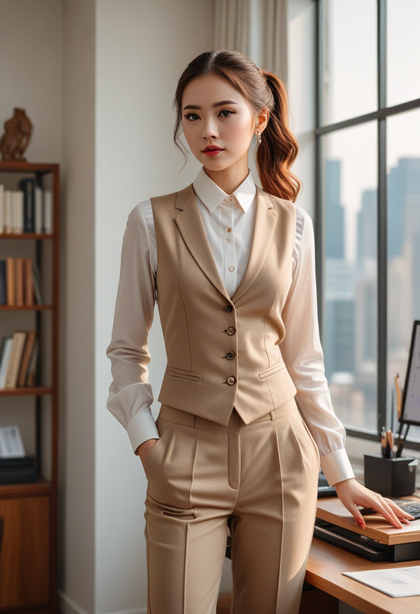 (medium full shot) of (gorgeous office secretary) young woman, chinese, dark eyes, fair skin, tan skin, hazel eyes, tiny build, long red pigtails hair,  wearing a beige  tailored vest over a blouse, high-waisted trousers, classic oxford shoes, simple stud earrings, subtle eyeshadow, set in  a spacious corner office with large windows, filled with natural light, elegant furniture, and organized shelves, exuding an air of sophistication and efficiency, at sunset, surprised, open mouth, running toward the viewer, Masterpiece,best quality, photorealistic, amazing quality, very aesthetic, extremely detailed face,