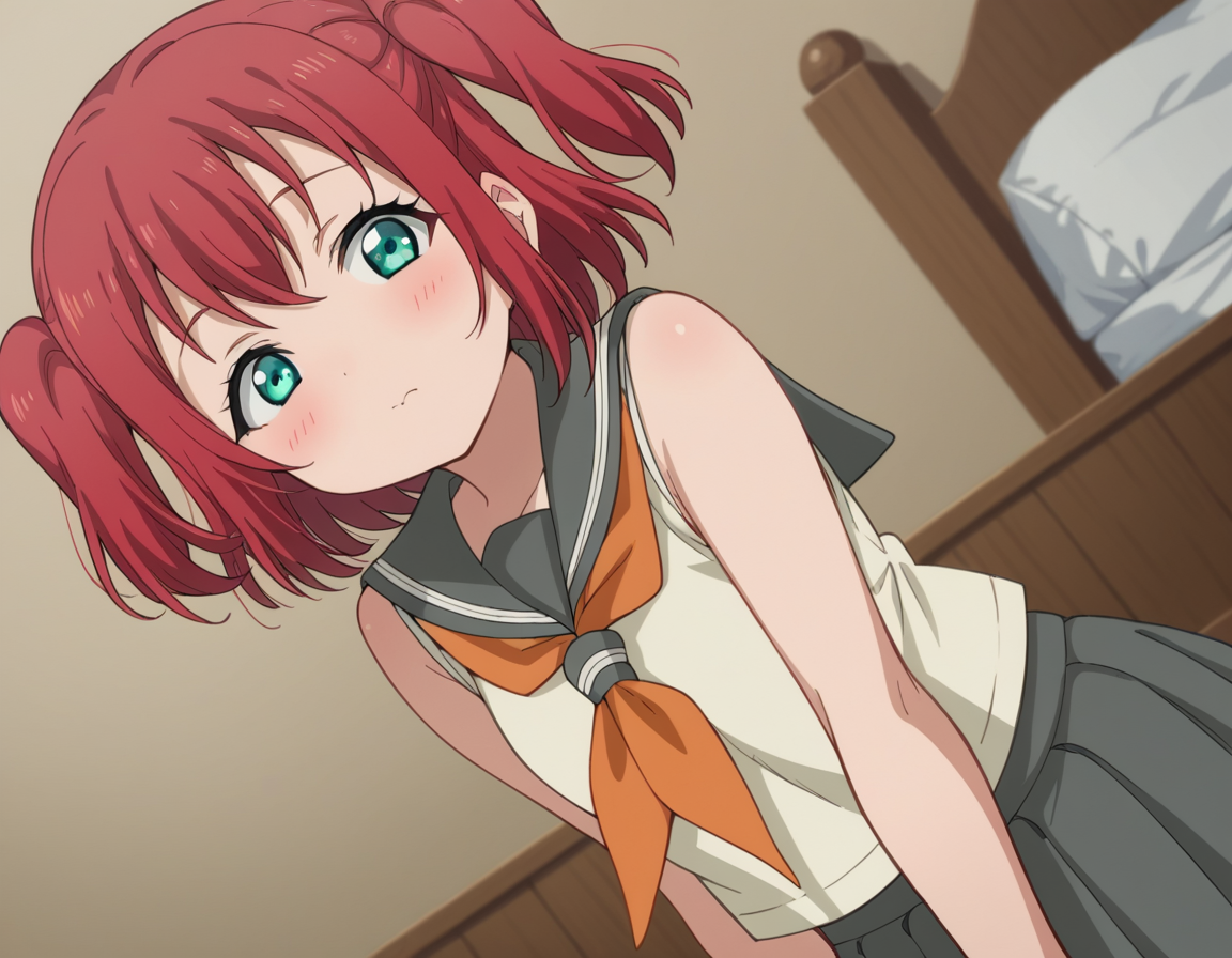 score_9, score_8_up, score_7_up, source_anime, <lora:ruby-kurosawa-s2-ponyxl-lora-nochekaiser:1>, ruby kurosawa, short hair, bangs, green eyes, red hair, aqua eyes, two side up,, shirt, school uniform, white shirt, serafuku, neckerchief, uranohoshi school uniform, orange neckerchief, sleeveless, skirt, pleated skirt, grey skirt,, indoors, bed, bed room, on side, blush, drunk, looking at viewer, solo,, cowboy shot, dutch angle