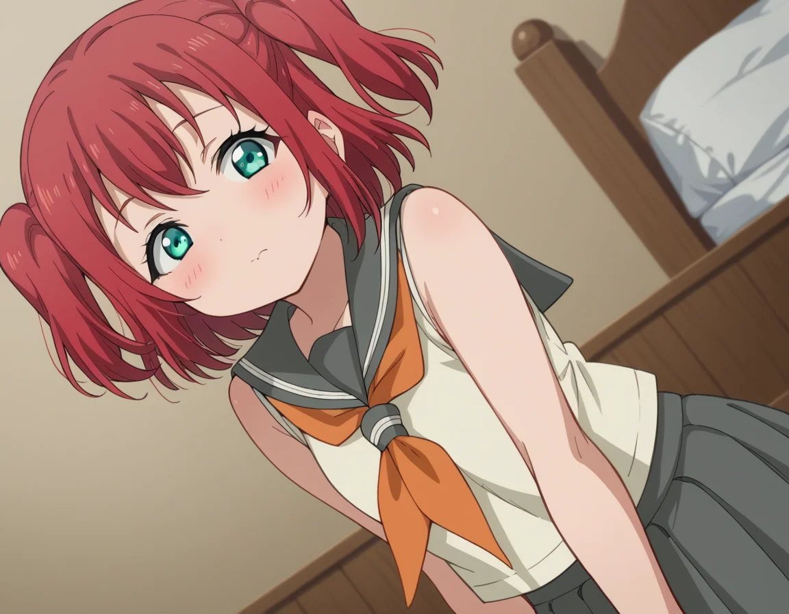 score_9, score_8_up, score_7_up, source_anime, <lora:ruby-kurosawa-s2-ponyxl-lora-nochekaiser:1>, ruby kurosawa, short hair, bangs, green eyes, red hair, aqua eyes, two side up,, shirt, school uniform, white shirt, serafuku, neckerchief, uranohoshi school uniform, orange neckerchief, sleeveless, skirt, pleated skirt, grey skirt,, indoors, bed, bed room, on side, blush, drunk, looking at viewer, solo,, cowboy shot, dutch angle