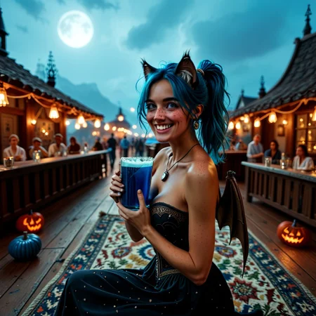 score_9, score_8_up, score_7_up, score_6_up, (cowboy shot), (side view:1.1), extreme detail, vivid colors, 1woman, expressive eyes, ponytail, blue hair, (large chest), (detailed intricate body), (blue pumpkins), ((freckles)), (grey eyes), (dark skin), (tanned), jewelry, (blue beer:1.3), (blue pumkins:1.3), cat ears, cat tail, shy smiling, happy, (wild party), crowd, (((flying))), kneeling, ((carpet floating above ground)), (bats:1.4), Nighttime, moon rays, random angle, tavern, [skyrimlandscapes], style skyrim, misaki \(doaxvv\), (halloween), ((magic carpet))