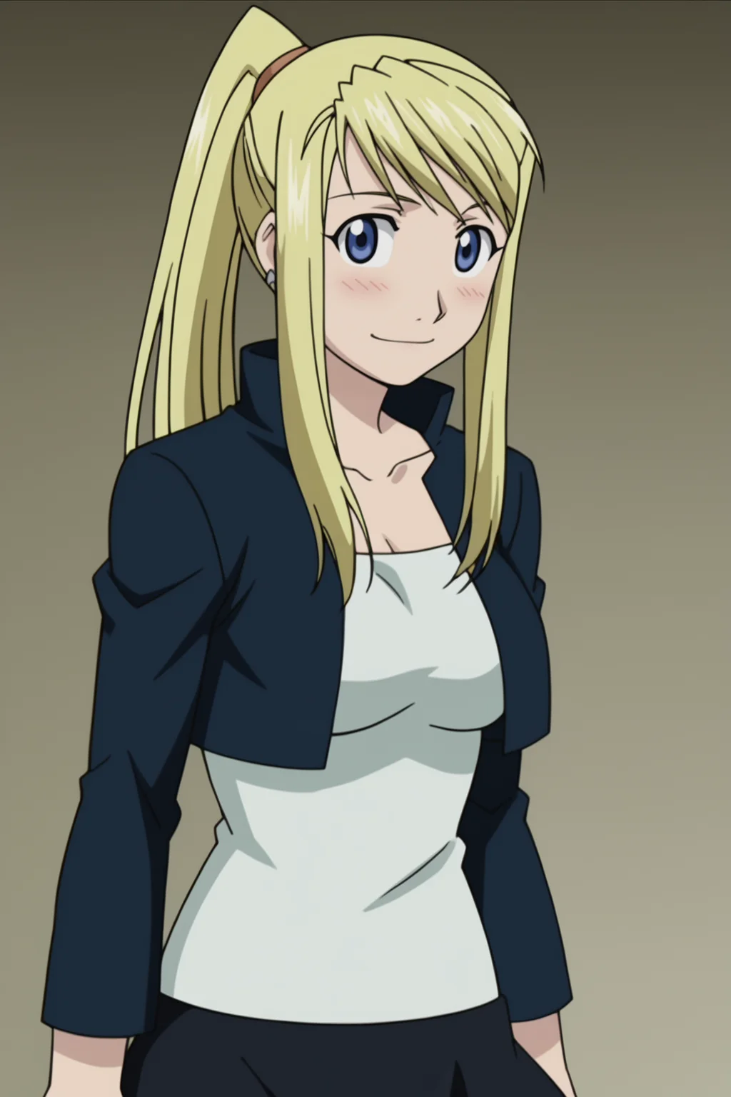 score_9, score_8_up, score_7_up, source anime, prefect lighting, very aesthetic, BREAK, anime coloring, anime screencap,
âââ <lora:winry_rockbell_v1-pdv6:1>, 1girl, winry rockbell, fullmetal alchemist, blue eyes, blonde hair, ponytail,
winout, black skirt, shirt, cropped jacket,
BREAK, looking at viewer, light smile, blush,
BREAK,