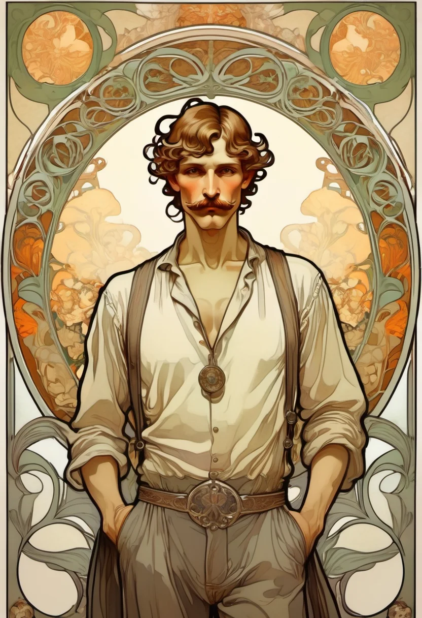 ccxl-mucha, art style, man, portrait <lora:ccxl-mucha_lora_vA1:1>