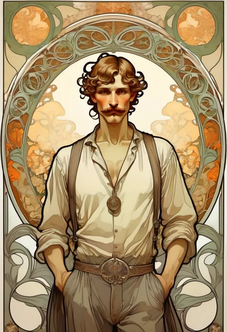 ccxl-mucha, art style, man, portrait  <lora:ccxl-mucha_lora_vA1:1>