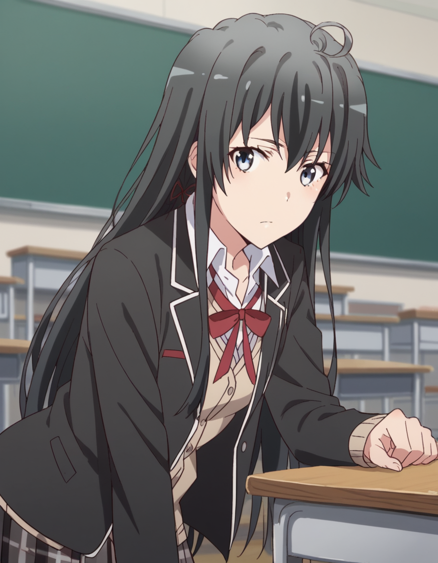score_9, score_8_up, score_7_up, source_anime,
yukinoyukinoshita, <lora:yukino-yukinoshita-s2s3-ponyxl-lora-nochekaiser:1>,
yukino yukinoshita, black hair, blue eyes, long hair, ahoge,
blazer, cardigan, jacket, plaid, plaid skirt, school uniform, skirt, sobu high school uniform,
indoors, classroom, bent over,
looking at viewer, cowboy shot, dutch angle, solo,