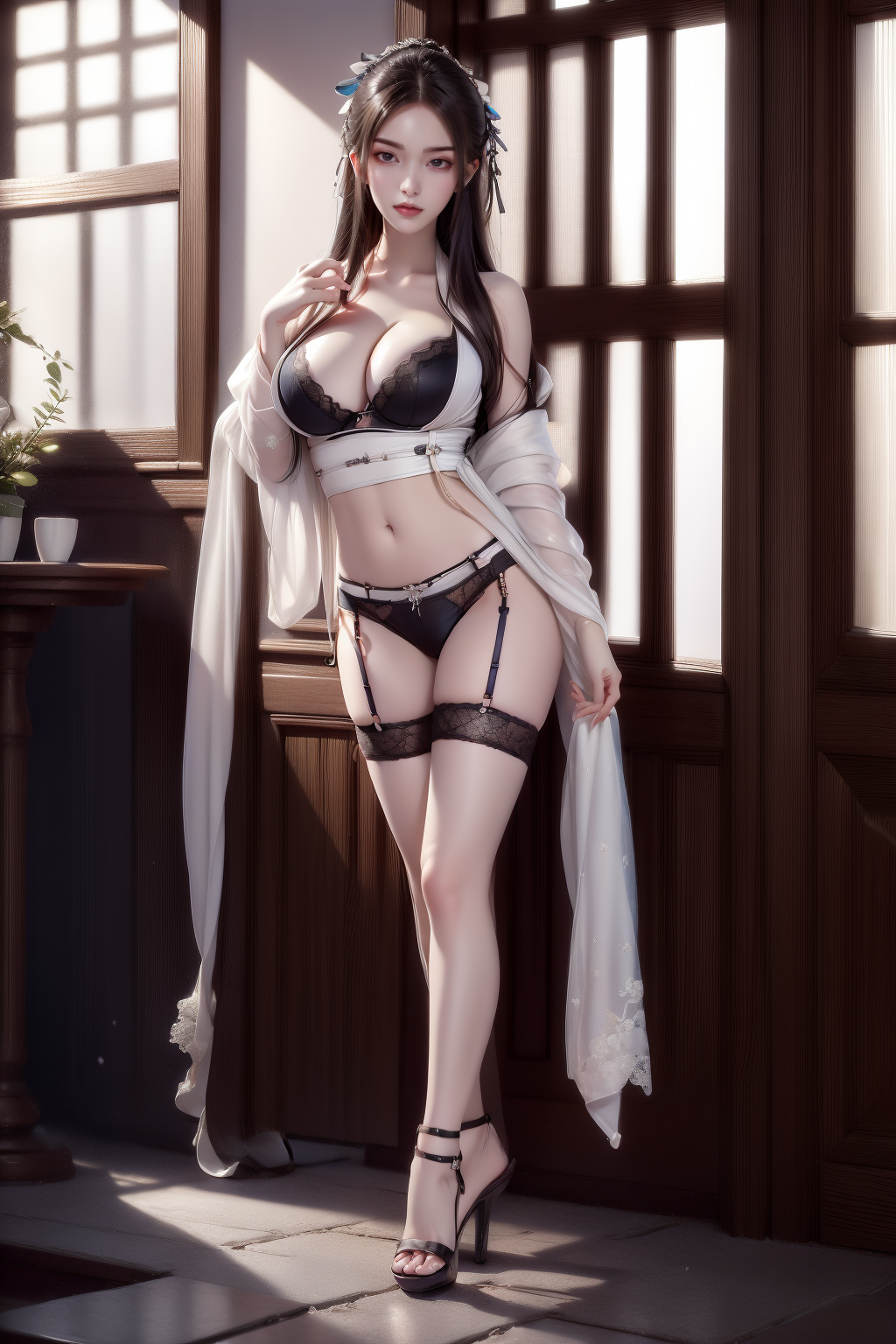 1girl, garter_straps, high_heels, breasts, underwear, solo, thighhighs, black_hair, garter_belt, standing, looking_at_viewer, cleavage, long_hair, lace_trim, lace, nail_polish,<lora:MIAOKA_fangqingxue_v1.0:1>