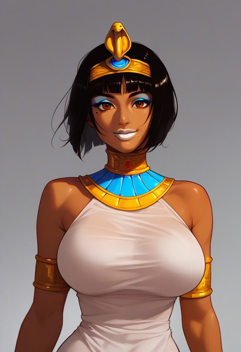 score_9, score_8_up, score_7_up, (1girl, solo, opala, dark-skinned female, egyptian female, caramel skin, big breasts, black hair, bangs, bob cut, brown eyes, blue eyeshadow, circlet, armlet, choker, white dress, beauty mark, seethrough clothes, white lipstick), breast portrait, happy, smile, voluptuous female, fit female, simple background, front view, source_anime, perfect eyes, waist-up
