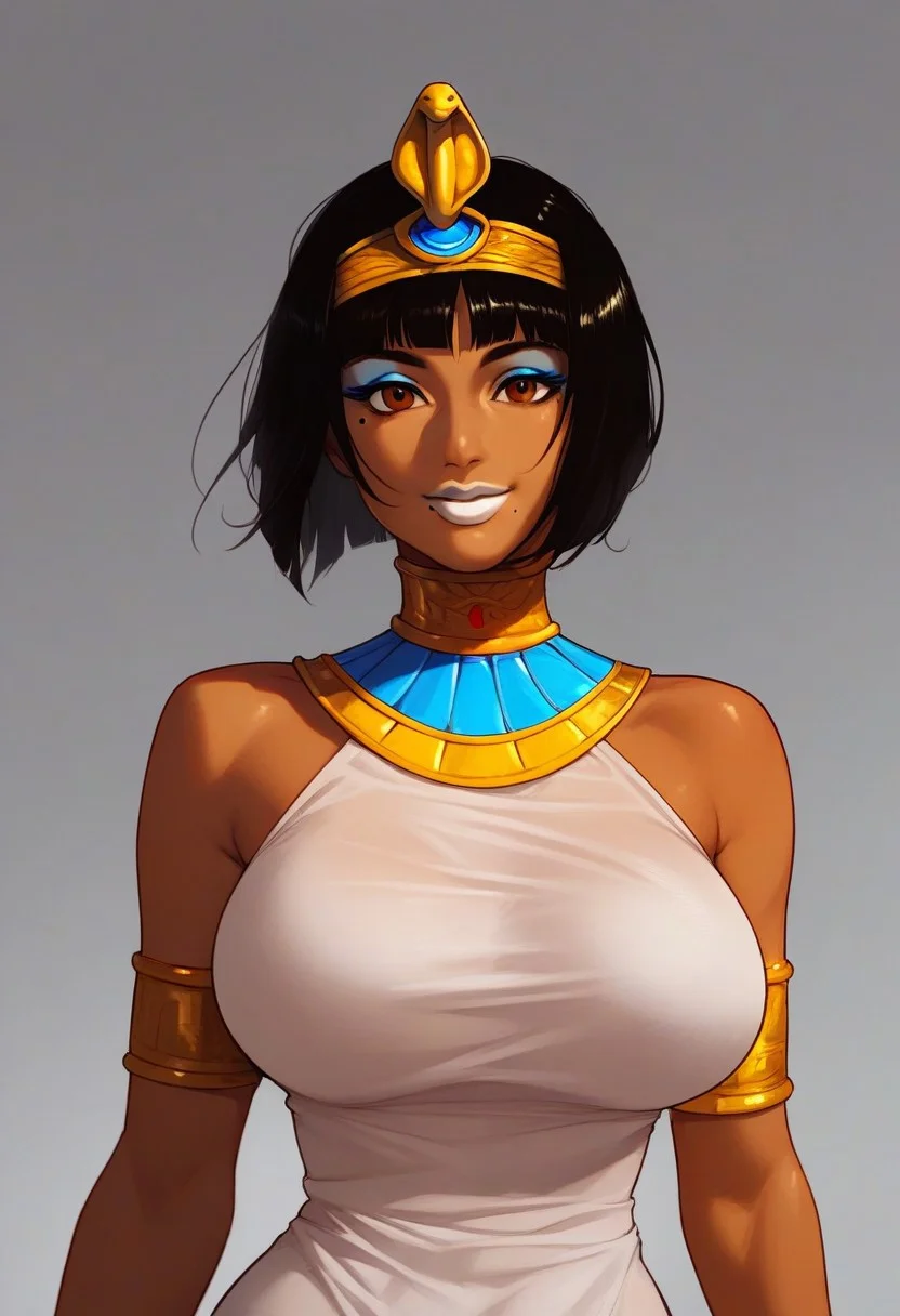 score_9, score_8_up, score_7_up, (1girl, solo, opala, dark-skinned female, egyptian female, caramel skin, big breasts, black hair, bangs, bob cut, brown eyes, blue eyeshadow, circlet, armlet, choker, white dress, beauty mark, seethrough clothes, white lipstick), breast portrait, happy, smile, voluptuous female, fit female, simple background, front view, source_anime, perfect eyes, waist-up