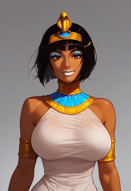score_9, score_8_up, score_7_up, (1girl, solo, opala, dark-skinned female, egyptian female, caramel skin, big breasts, black hair, bangs, bob cut, brown eyes, blue eyeshadow, circlet, armlet, choker, white dress, beauty mark, seethrough clothes, white lipstick), breast portrait, happy, smile, voluptuous female, fit female, simple background, front view, source_anime, perfect eyes, waist-up