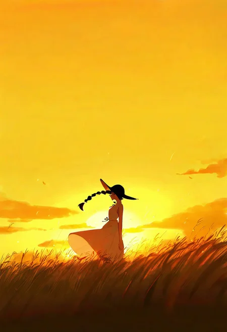 masterpiece, best quality, good quality, very awa, newest, highres, absurdres, 1girl, solo, long hair, black hair, braid, braided ponytail, standing, floating hair, white dress, sun hat, sleeveless dress, outdoors, sunset, sky, cloudy sky, wind, scenery, field, orange sky, orange theme, yellow sky, wheat,
from side, profile,
yellow theme, Back Lighting, xxx667_illu, glowing, tfaix, <lora:illustriousXL_stabilizer_v1.23:0.3> <lora:NOOB_vp1_detailer_by_volnovik_v1:0.3> <lora:ponyv6_noobE11_2_adamW-000017:0.3> <lora:96YOTTEA-WAI:0.5> <lora:XXX667:0.5> <lora:HaradaTakehitoIXL_v3:0.8>
