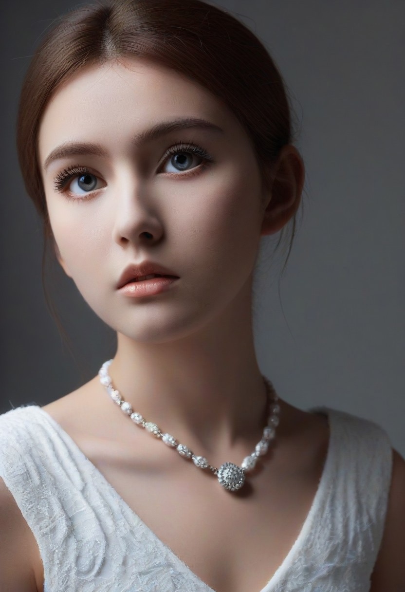 Masterpiece, best quality, 1girl, portrait, face focus, beautiful eyes, stoic, model, porcelain marble skin, white pamcocomat dress, jewelry, kwf, intense stare, dramatic lighting, backlit