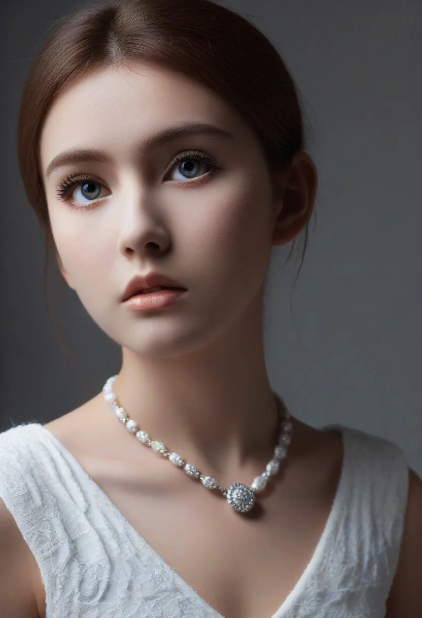 Masterpiece, best quality, 1girl, portrait, face focus, beautiful eyes, stoic, model, porcelain marble skin, white pamcocomat dress, jewelry, kwf, intense stare, dramatic lighting, backlit