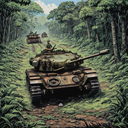 A cntrntnk tank rolls through the lush jungles of Vietnam during the Vietnam War, its camouflage paint barely visible through the dense foliage. Soldiers follow cautiously behind. ((pulp_comic, heavy_lines, hand_drawn, hand_inked, hand_colored, perfect_face, apxlz))