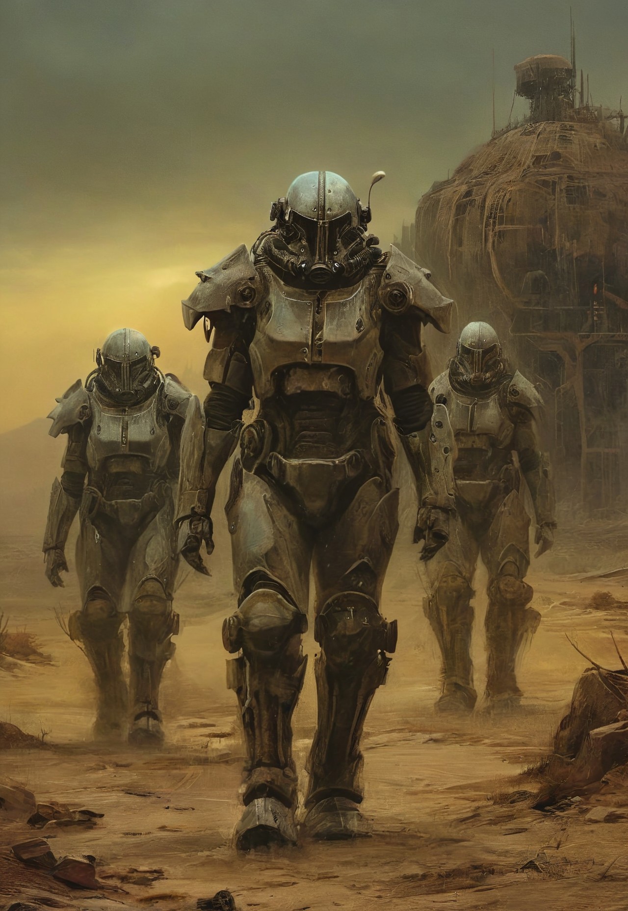 Four soldiers in power armor travelers in the post-apocalyptic desert,fallout universe,alienscape,glossy armor,intricate design,corrupted neverland,dramatic sky, dust,wind, bleak,glow,flickering, dark art, dim light, somber, dramatic, high quality, detailed,science fiction,distopia,horror theme,futuristic, technology,atompunk,dramatic,thrilling,decay,best quality,masterpiece,dynamic composition,color contrast,primary colors,no gradients,close-up