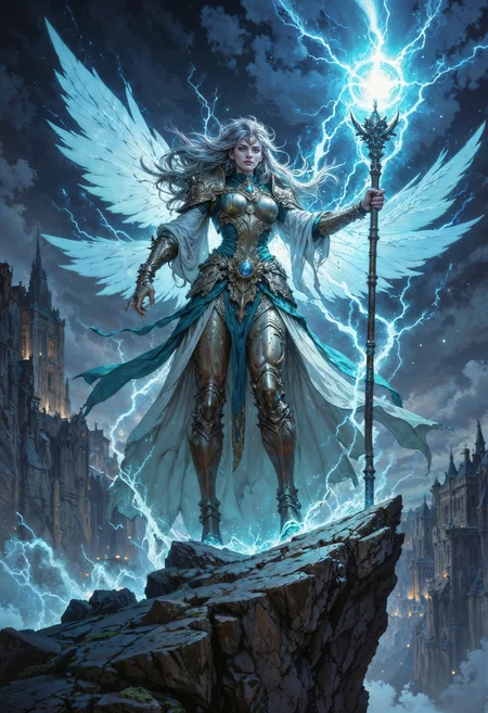 A tempestuous sylph who embodies the raw power of the skies, standing atop a jagged cliff overlooking the swirling mists of the Fae Realm. Her flowing, storm-gray hair crackles with streaks of lightning, and her piercing silver eyes glow like the heart of a storm. She wears armor forged from storm-forged metal and adorned with whorls of glowing blue energy. Her translucent, wind-like wings ripple with the energy of a gale, constantly shifting as if caught in an eternal wind. In her hand, she wields a staff crowned with a crystal orb that crackles with electric energy. Around her, the air hums with the power of a brewing storm, and faint echoes of thunder roll in the distance.
