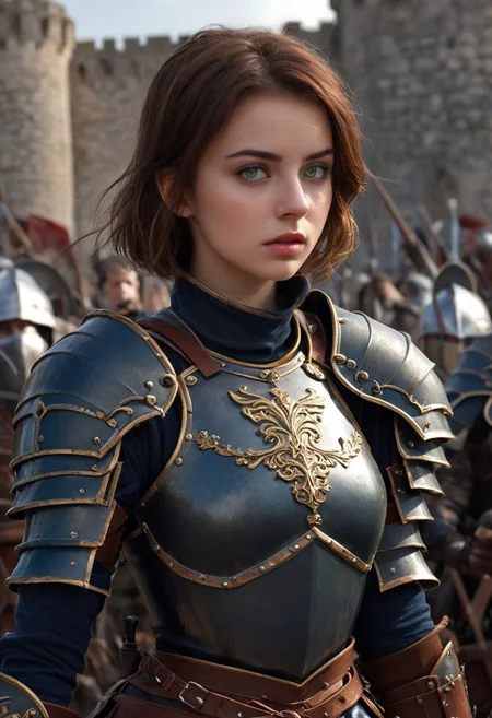 castle, score_9, score_8_up, score_7_up, score_6_up, score_5_up, extremely detailed, 1 woman, 25 years old, cute face, green eyes, small breasts, brown hair, shoulder length hair, wearing dark blue armor, holding a spear, in a battlefield in front of a castle, soldiers fighting behind her, she has blood on her shield and face, detailed, realistic, lady knight in dark full plate armor with armored gauntlets and armored boots with short brown hair and green eyes and a gorget protects her neck, gorget, armored gauntlets,