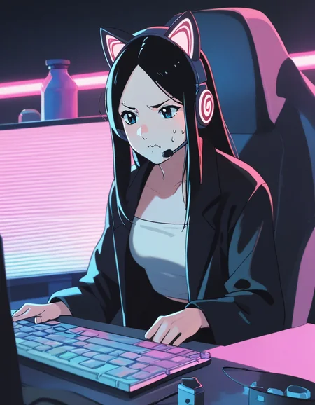 score_9, score_8_up, score_7_up, source_anime, <lora:ray-animation-ponyxl:1> kasuganoray, parted bangs, black coat, black hair, tube top, black skirt,
1girl, headset, gaming chair, cat ear headphones, neon lights, sweat, wavy mouth, monitor