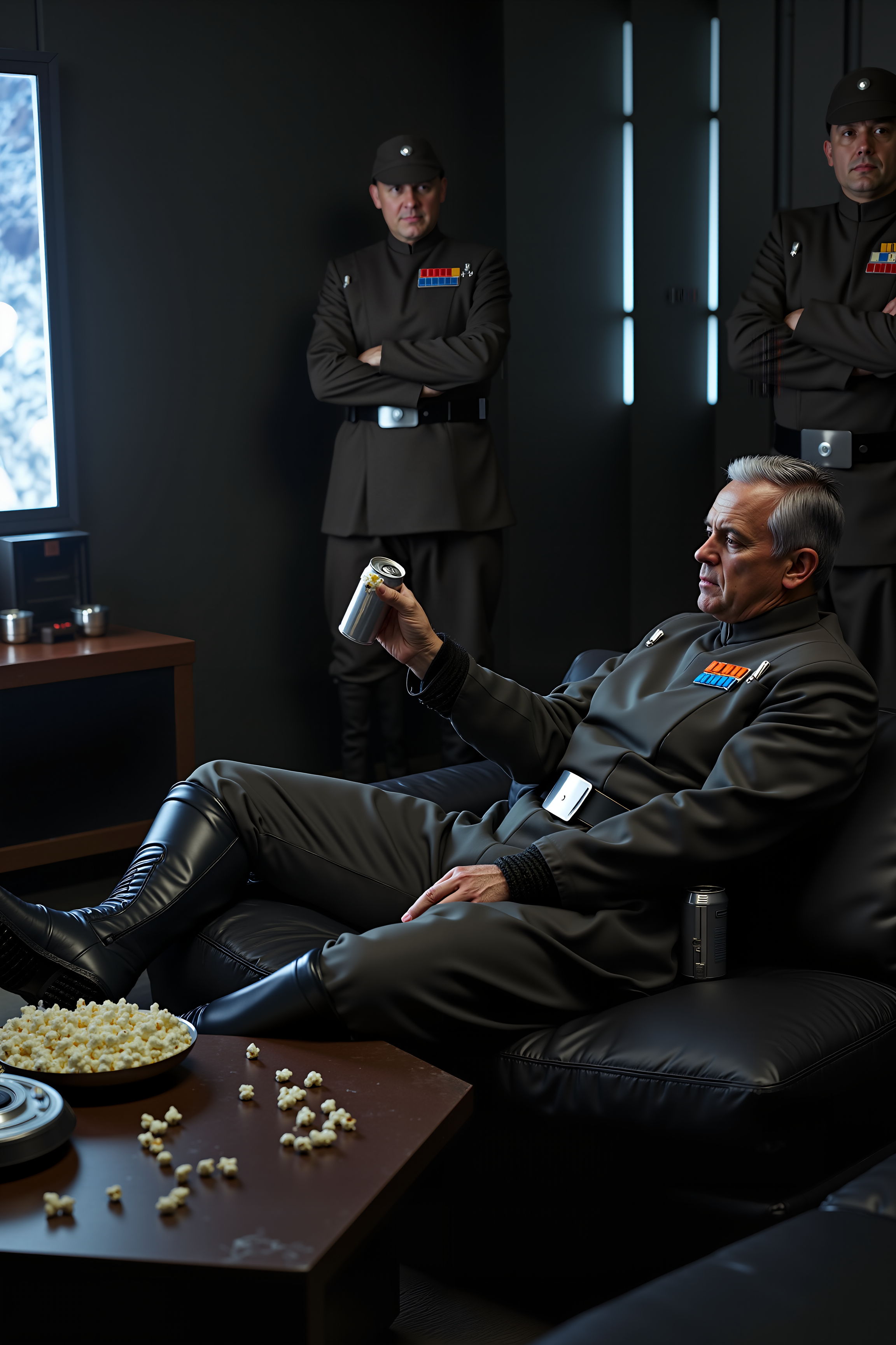 An imperial officer lounges on a modern couch, his uniform slightly disheveled, boots resting on a coffee table covered in popcorn crumbs. A massive flat-screen TV glows in front of him, illuminating his stern but engrossed expression. A bowl of popcorn sits on his lap, and an empty soda can leans precariously on the armrest. Beside him, another officer, still in full uniform and sitting rigidly upright, holds a single kernel between his gloved fingers, analyzing it with military precision. In the background, a third officer in a high-ranking cap stands near the doorway, arms crossed, silently judging the scene.<lora:IMPOFF_FLUX>