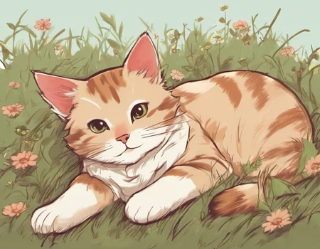 a cute cat lying in grass, jsmn style <lora:jsmnStyle:1>