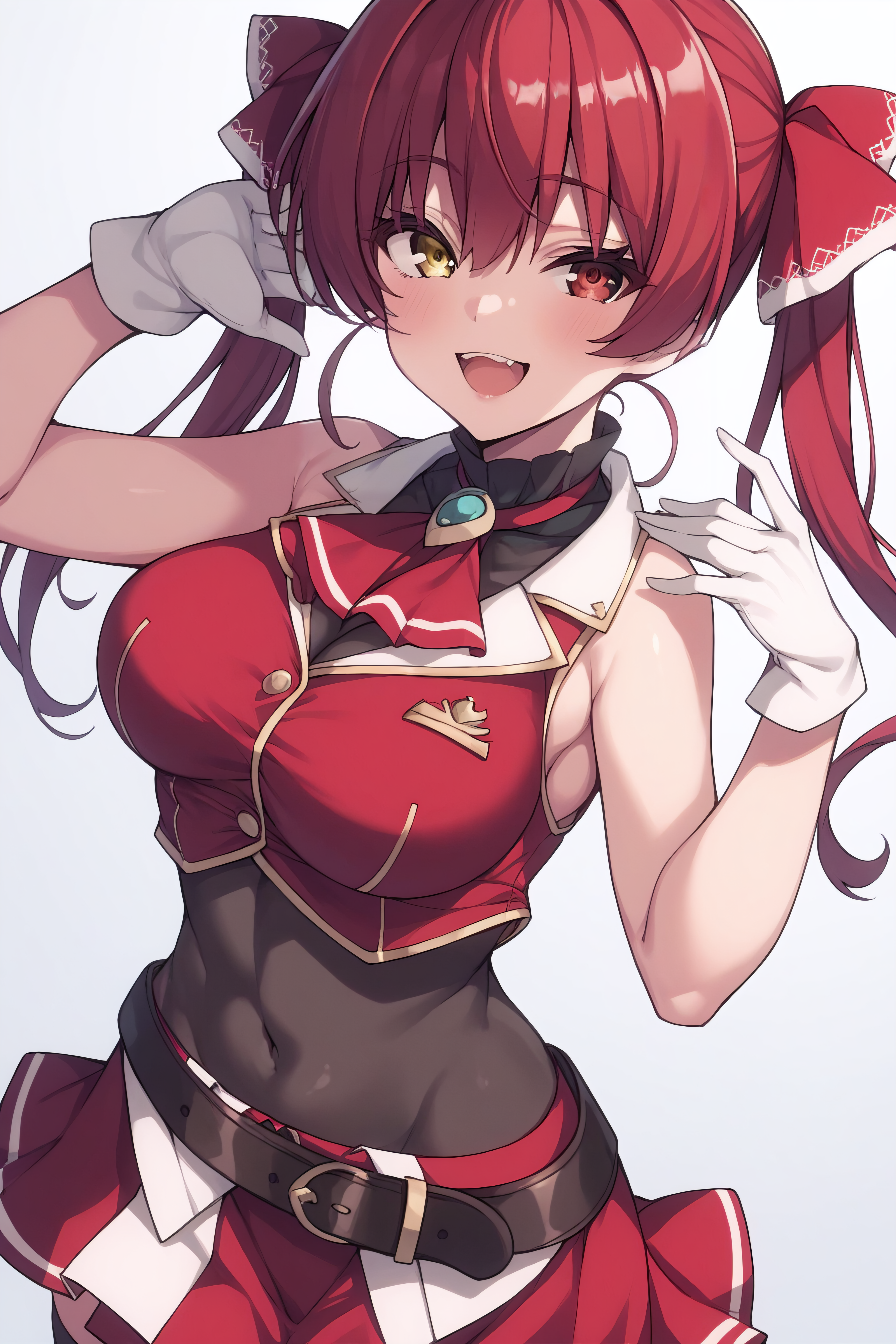 score_9, score_8_up, score_7_up, BREAK source_anime, <lora:Houshou Marine-PonyXL-lora-Faxtron:0.8> houshou marine, heterochromia, red eyes, yellow eyes, red hair, twintails, medium breasts, red ribbon, red top, sleeveless, black thighhighs, red skirt, belt, covered navel, white gloves,