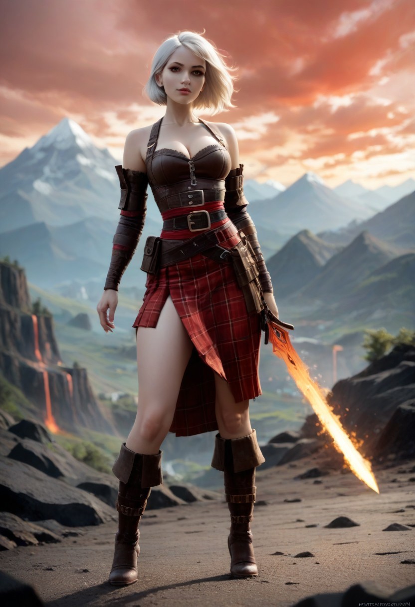score_9, score_8_up, score_7_up, 
1girl, solo, <lora:NAHIRI:1>, short hair, white hair, nahiri, red eyes, athletic, horny, curvy, thick thighs, wide hips, cleavage, medium breasts, tall female, huge ass, mature female, weapon, 
belt, boots, detached sleeves, plaid skirt, red skirt, armor, miniskirt, brown leather top, bare shoulders, 
from below,
<lora:Smooth Anime 2 Style SDXL_LoRA_Pony Diffusion V6 XL:0.5>
<lora:AmateurStyle_v1_PONY_REALISM:0.5>
depth of field, blurry background, blurry foreground, mountain top, volcano, red sky,