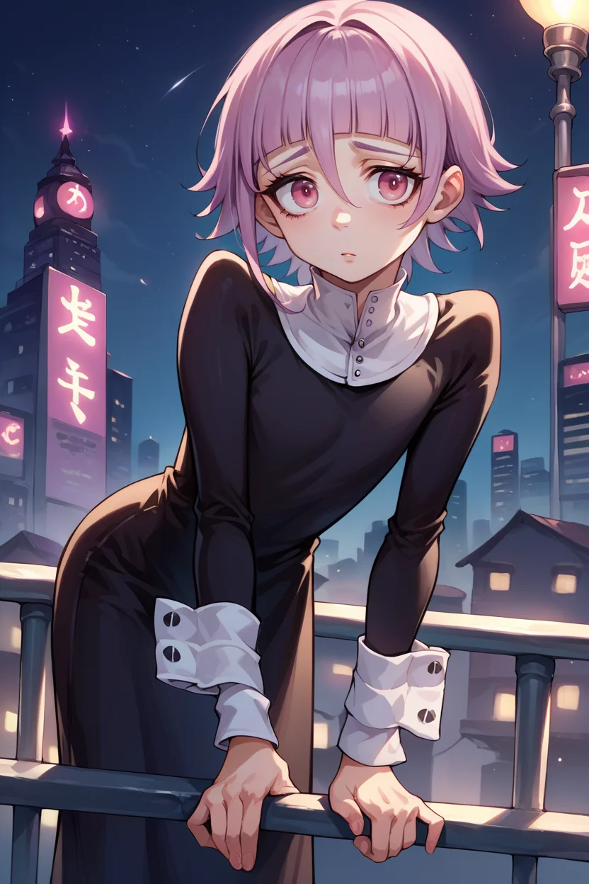 score_9, score_8_up, score_7_up, score_6_up, source_anime, 1girl, solo, <lora:crona-pdxl-nvwls-v1-000005:1> crona, purple hair, short hair, pink eyes, white collar, black dress, long sleeves, long dress, wrist cuffs, night sky, looking at you, city, leaning forward