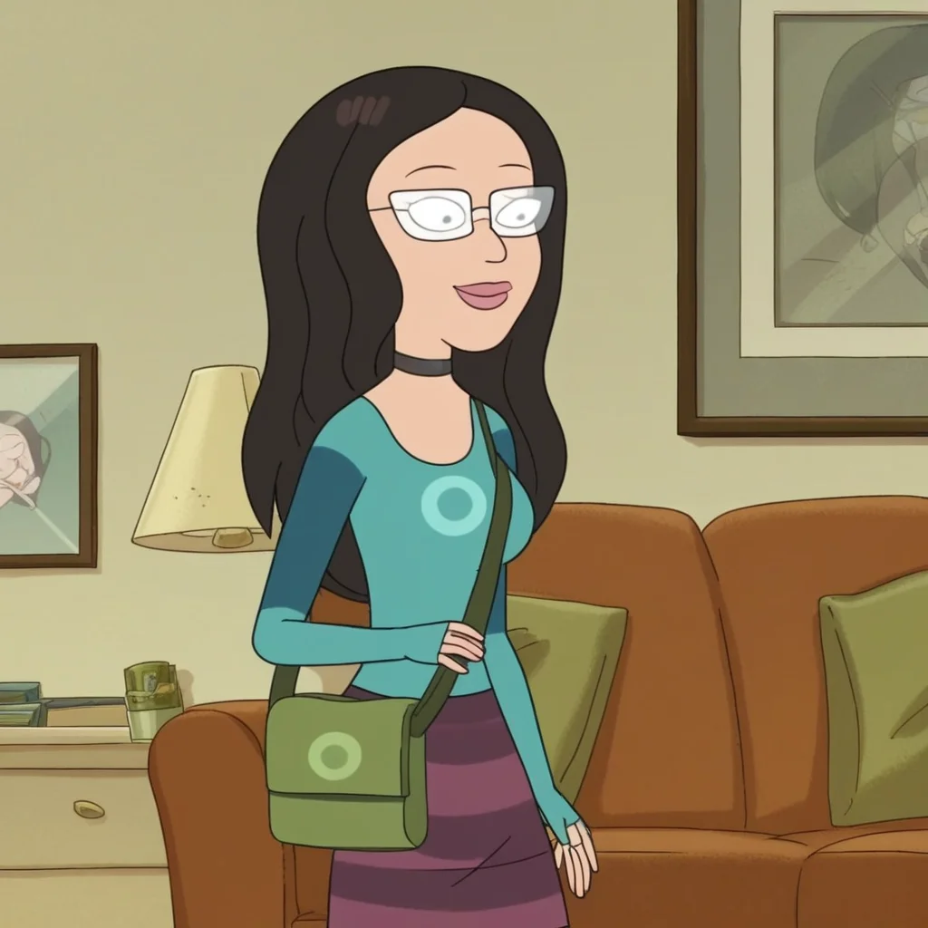 smile, Solo, black choker, form-fitting teal thumb-hole shirt, striped purple and dark pink skirt, olive-green shoulder bag, Mgirlfriend_RaM, in a living room, 1girl, tan coloured flats, glasses, standing, Score_9, light skin, black eyes, dark pink lips, full body, long hair, light-teal circle on the chest, medium breasts