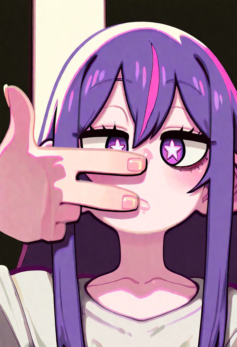 masterpiece, best quality, very aesthetic, high resolution, ultra-detailed, absurdres, newest, extremely detailed eyes, beautiful, perfect lighting, hi res, amazing quality, very awa, Brightly Lit, Highly Visible, 8k, sharp focus, beautiful, perfect lighting, volumetric lighting, scenery, painting_(artwork), CuteLag_ST, TOONCITY_ST,  INKTA_ST, hoshino ai, 1girl, closed mouth, collarbone, finger frame, looking at viewer, multicolored hair, purple eyes, purple hair, sidelocks, solo, star-shaped pupils, star \(symbol\), streaked hair, symbol-shaped pupils, upper body