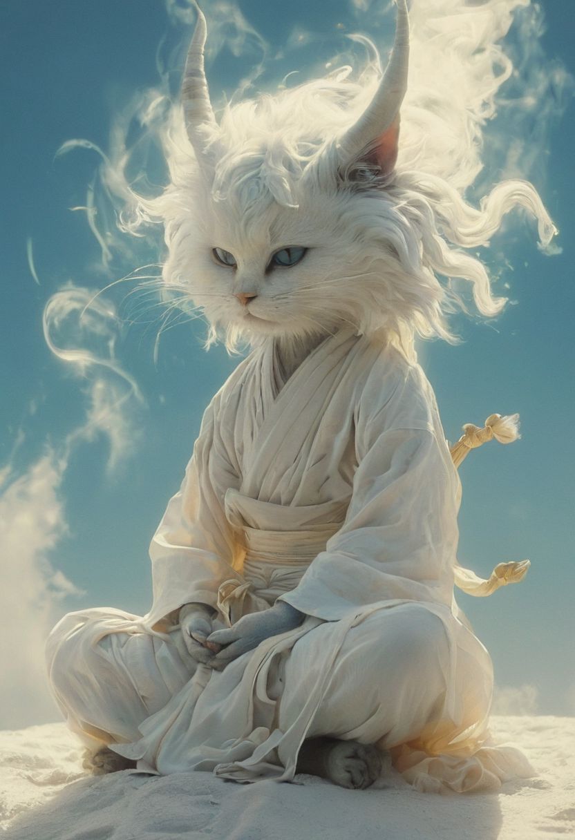 Capturing serenity amidst boundless solitude: a powerful image of a fluffy ninja cat with horned devil mask, draped in flowing feudal garb, large sedge-hat, meditating in lotus position upon an endless, sunless expanse. As she hovers, an aura emanates from her, growing in intensity as it extends beyond her Till it explodes in the far, reminiscent of expanding ripples of sound. The neon hues of her aura paint the air, a vivid testament to her inner strength and focus.
creating a surreal normal scene with translucent white and beige-blue details, colorful (polaroid:0.7) with vibrant colors, (vacations, high resolution:1.3), (small, selective focus, european film:1.2), closeup