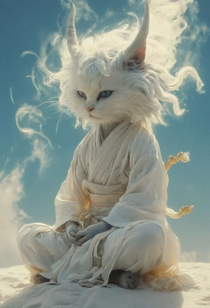 Capturing serenity amidst boundless solitude: a powerful image of a fluffy ninja cat with horned devil mask, draped in flowing feudal garb, large sedge-hat, meditating in lotus position upon an endless, sunless expanse. As she hovers, an aura emanates from her, growing in intensity as it extends beyond her Till it explodes in the far, reminiscent of expanding ripples of sound. The neon hues of her aura paint the air, a vivid testament to her inner strength and focus.
creating a surreal normal scene with translucent white and beige-blue details, colorful (polaroid:0.7) with vibrant colors, (vacations, high resolution:1.3), (small, selective focus, european film:1.2), closeup