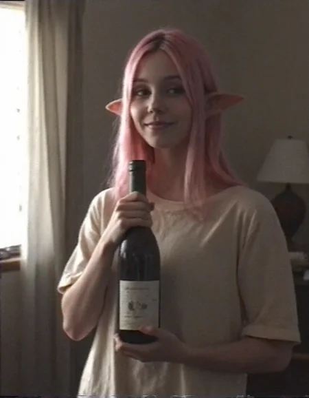 v8s, cute elf early teen girl with pink hair and long pointed elf ears, standing in a cozy rustic bedroom, wearing an oversized beige t-shirt, holding a bottle of red wine, soft morning light coming through the window, relaxed and slightly flirty expression, natural pose, subtle blush, slight lens blur, imperfect lighting. horizontal scan lines, grainy texture, muted color palette, vintage VHS camcorder aesthetic. amateur quality, candid style. Interlacing artifacts, Color Bleeding, pixelation, Low Dynamic Range, Chromatic aberration, Blurring