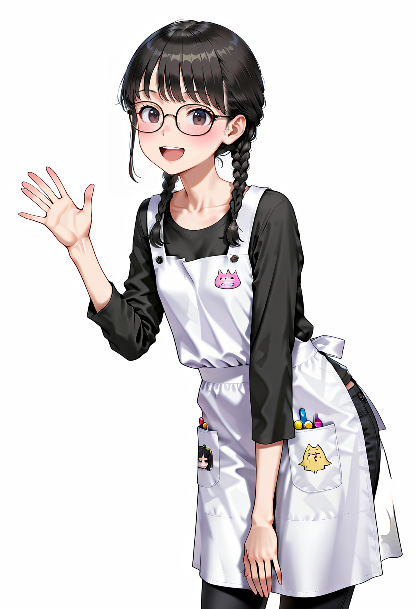 best quality, amazing quality cowboy shot, simple background,((outlined outlined vector graphics)), simple background, cowboy shot, simple background, white background,
1girl, cute face, 30yo, solo,
3/4 view,action pose, black hair, twinbraid, glasses ,  looking at viewer , cute face, a4c, leaning forward,
,black shirt,black pants, nursery teacher, nursery-teacher-apron, smile,open mouth , white apron, <lora:anti-anti-ai-ai-chan-il-01:0.7> <lora:nursery-teacher-apron-il-01:0.7>