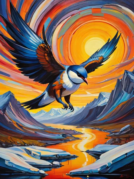 expressionist painting of arctic swallow putting out the dawn, made from with honey and winds, energetic brushwork, bold colors, abstract forms, expressive, emotional, <lora:ral-varnish-sdxl:0.8> ral-varnish