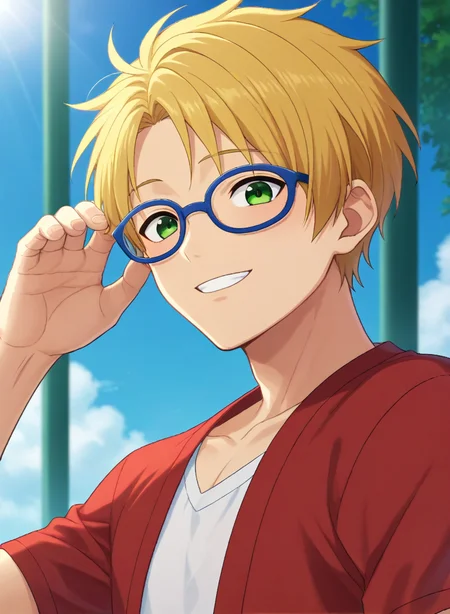 score_9, score_8_up, score_7_up, original style, source_anime, anime screencap, rating_safe, depth of field, BREAK,
1boy, solo, yaoi, male focus,
<lora:yuuki_makoto_pony:1> makoto_yuuki_pony, green eyes, blonde hair, short hair, parted hair, glasses, blue-framed eyewear,  happy,
casual, looking at viewer, facing viewer, sky, day, light rays, 
<lora:sdxl_lightning_8step_lora:1>  <lora:xl_more_art-full_v1:1> <lora:Pony_DetailV2.0:1> <lora:Pony_QualityV4.0:1>