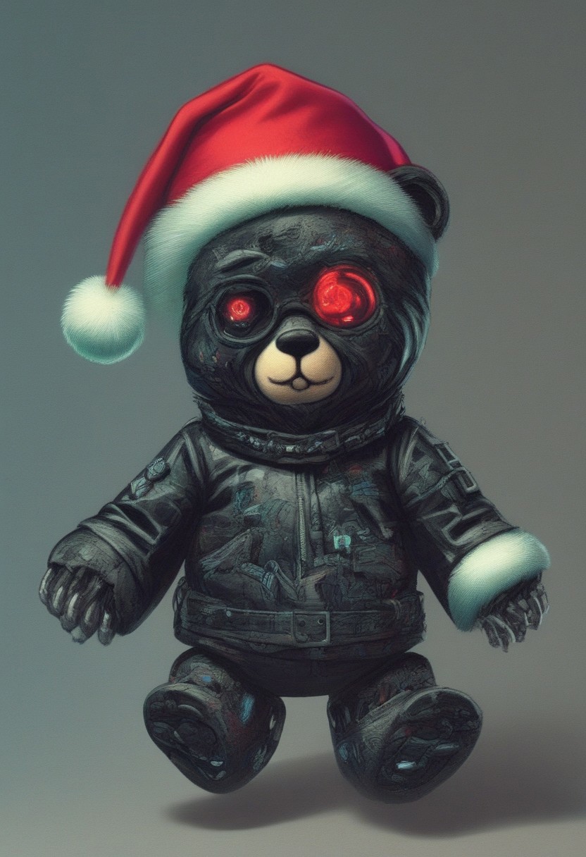 xmastedx, cyberpunk christmas bears running from santa claus, highly detailed, sunglasses, cyber punk santa hat, mall, running in a mall away from santa claus, AtompunkSDXL