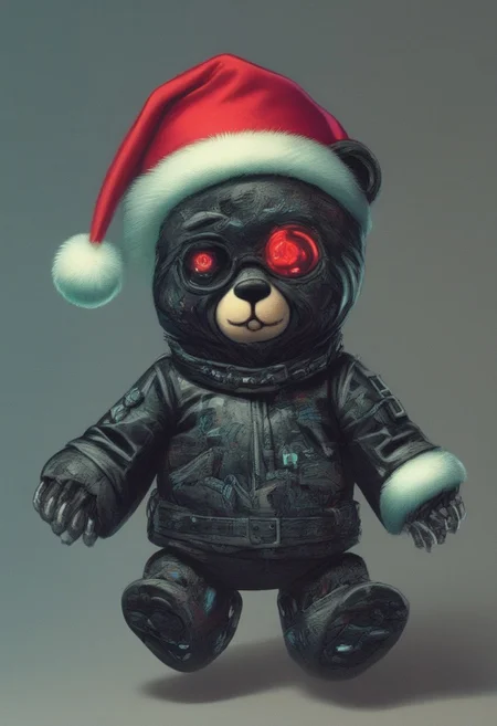 xmastedx, cyberpunk christmas bears running from santa claus, highly detailed, sunglasses, cyber punk santa hat, mall, running in a mall away from santa claus, AtompunkSDXL