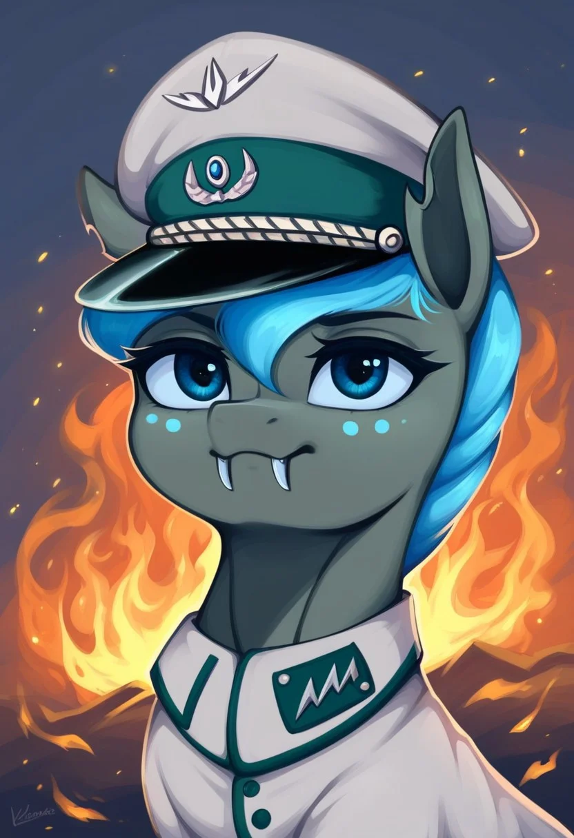 masterpiece, score_9_up, score_8_up, score_7_up, score_6_up, (best quality:1.1), ultra-detailed, high resolution, solo, Carolina Phymata, changeling oc, female, mlp, feral, gray skin, blue freckles, short blue mane, blue eyes, long eyelashes, eyebrows, blue insect wings, ears, fangs, cute expression, cute face, military uniform, military patches, peaked cap BREAK <lora:ElmoRiseMeme_pdxl_Incrs_v1:1> hooves up, fire, outstretched hooves, upper Body, burning, fiery background BREAK expressiveh, highly visible, sharp focus, anatomically correct, highly visible, sharp focus