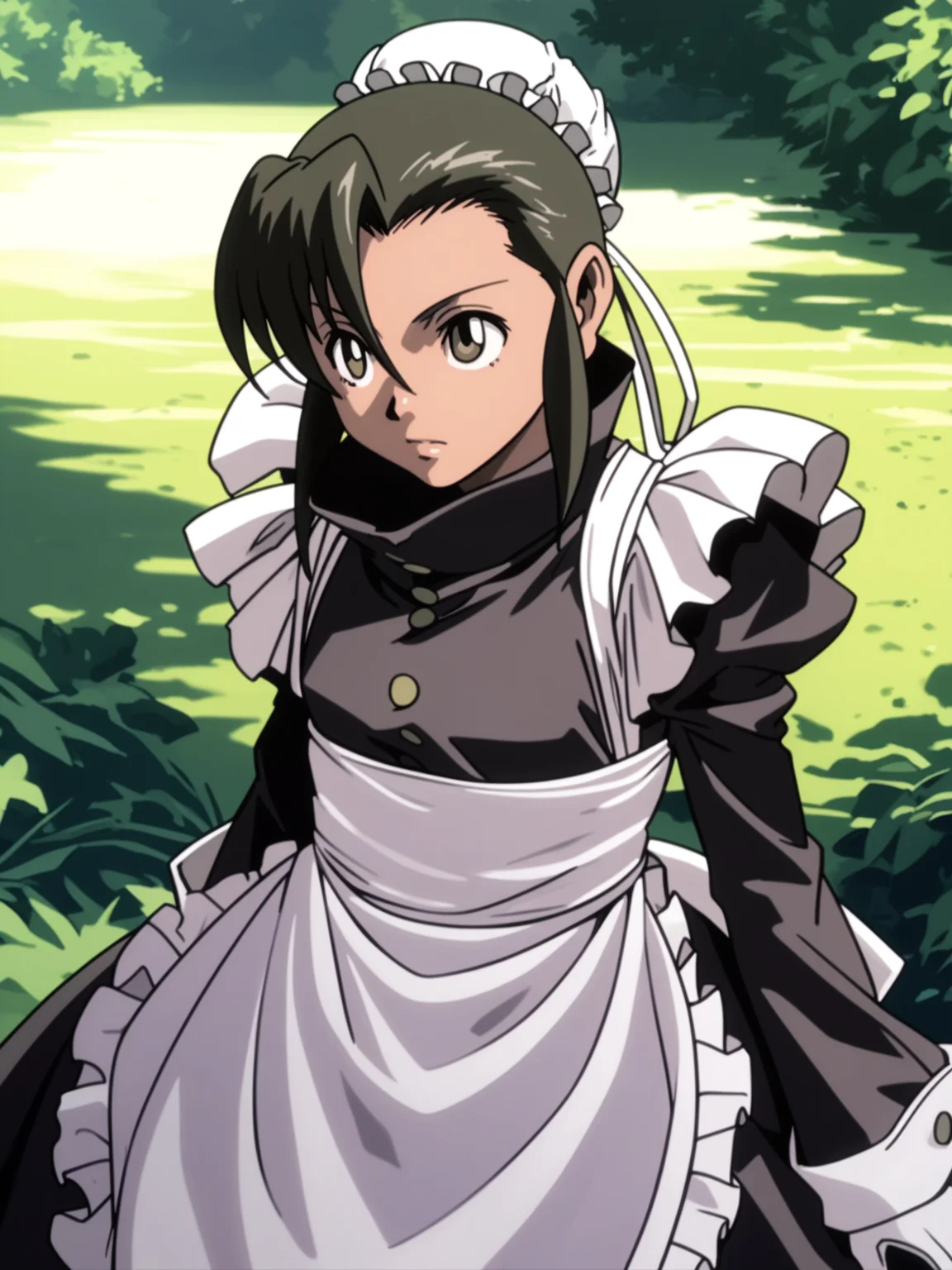 <lora:happy_tentacle-fabiola-v0.2-000026:1>, ht_fabiola, maid, waist apron, long sleeves, single hair bun, bun cover, high collar, white gloves, juliet sleeves, outdoors , 1girl, solo, cowboy shot, thighs , , ( :1.1), , looking up , standing , facing viewer , score_9, score_8_up, score_7_up, score_6_up, score_5_up, score_4_up