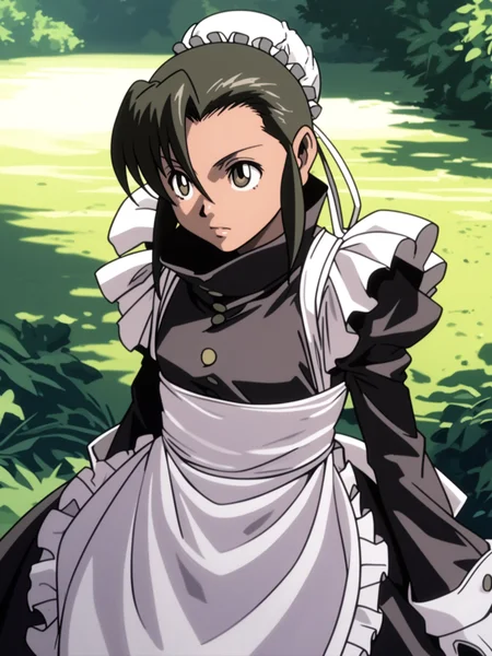 <lora:happy_tentacle-fabiola-v0.2-000026:1>, ht_fabiola, maid, waist apron, long sleeves, single hair bun, bun cover, high collar, white gloves, juliet sleeves, outdoors , 1girl, solo, cowboy shot, thighs , , ( :1.1), , looking up , standing , facing viewer , score_9, score_8_up, score_7_up, score_6_up, score_5_up, score_4_up