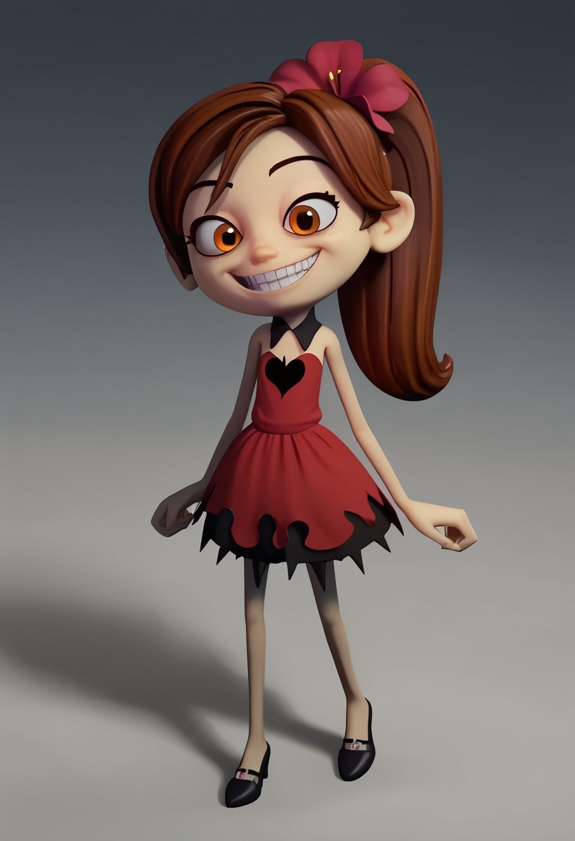 score_9, score_8_up, score_7_up BREAK SunnySpell, 1girl, brown hair, ponytail, brown eyes, red fire flower scrunchie, devil dress, devil outfit, cgi, source_cgi, girl, girl focus, full body, hell atmosphere, hell background, demonic accessories, horror decorations, evil grin, evil smile,