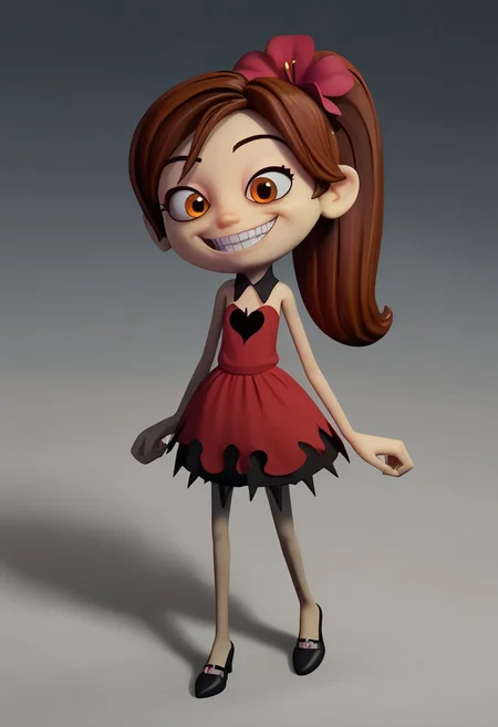 score_9, score_8_up, score_7_up BREAK SunnySpell, 1girl, brown hair, ponytail, brown eyes, red fire flower scrunchie, devil dress, devil outfit, cgi, source_cgi, girl, girl focus, full body, hell atmosphere, hell background, demonic accessories, horror decorations, evil grin, evil smile,