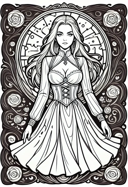 score_9,score_8_up,score_7_up,score_6_up,((lineartlora)),(Scarlett Leithold),\("a coloring book page"\), featuring bold lines,depicts the scene in black and white, high contrast line drawing,The background is blank and clean with clean edges and sharp angles that add depth to the scene,dynamic pose,lineart,black and white,outlined only,white background,white hair,white eyes,white lips,outlined lips,white everything,white skin,all white,white shadows,white face,full body pose,sexy,model posing,(pinup girl pose),looking at viewer,perfect breasts,perfect face,fantastical,Beuty,
(
The Badass Biker Babe: In a leather jacket, white bra, white skirt, she oozes rebellious charm as she dances with a wild and untamed energy, A fantasy illustration, art, cover art, enchanting 21-year-old girl, cleavage, full body portrait, looking at viewer, bright eyes, full breasts, Slim, wide hips, narrow waist, fair Skin, coverart, cover art,
),
torn clothes,stockings,clothes,perfect eyes,perfect face,one exposed breast,Expressiveh,slutty,lustful,dynamic angle,depth of field,seductive,detailed face,detailed hair,slim,sexy body,seductive look,dreamlike,cinematic,perfect body,bloom,backlight,very aesthetic,posing,confident,fantasy,highest quality,magical,