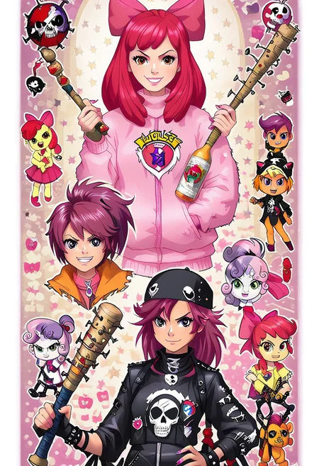 score_9, score_8_up, score_7_up, (cutie mark crusaders) applebloom, sweetie belle, scootaloo, 3 girls, trio, biker clothes, black bandana with skulls,  spiky hair on scootaloo, puple onesie blue and pink stipes, pink star tatoo, pink onesie green stripes, human 18yo, balck onsie on applebloom with white stars, applebloom holding black spiked baseball bat, holding a molotov cocktail, holding a electric whip, looking menacing, perfect face, perfect hands,
General
 thighhighs 1.2), very fuzzy, (detailed background),
