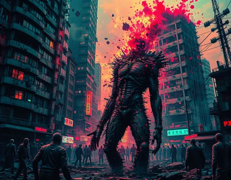a post-apocalyptic cityscape under siege by a relentless zombie horde, where towering buildings with flickering neon lights reveal distorted reflections on shattered windows. The scene is dominated by a chaotic swirl of abstract glitches emanating from a central figureâa hulking zombie with jagged edges and pixelated textures. The background features a collapsing structure, its skeletal framework exposed, while the air crackles with static energy from nearby power lines.