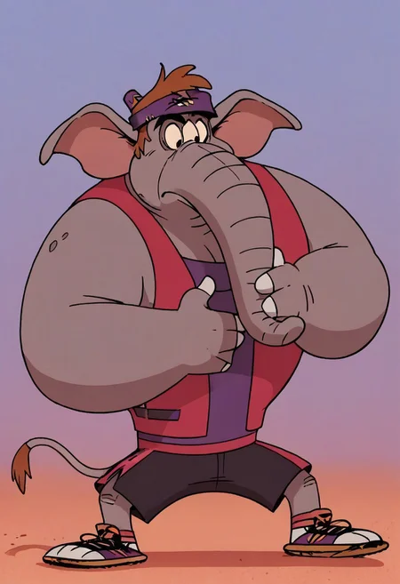 (score_9 | score_8_up | score_7_up)
((masterpiece:1))(best quality,very high quality,ultra detailed:1.2)
(2D,cartoon style,anime style)(Smooth:2)(clean blurring)
(four fingers on each hand,one thumb on each hand:1), Abu elephant, solo, brown hair, grey skin, black eyes, trunk, trunk nose, elephant trunk, elephant ears, monkey tail, purple vest, red and purple hat, alien, muscular, +++three eyes, extra eye, grey skin color, full body